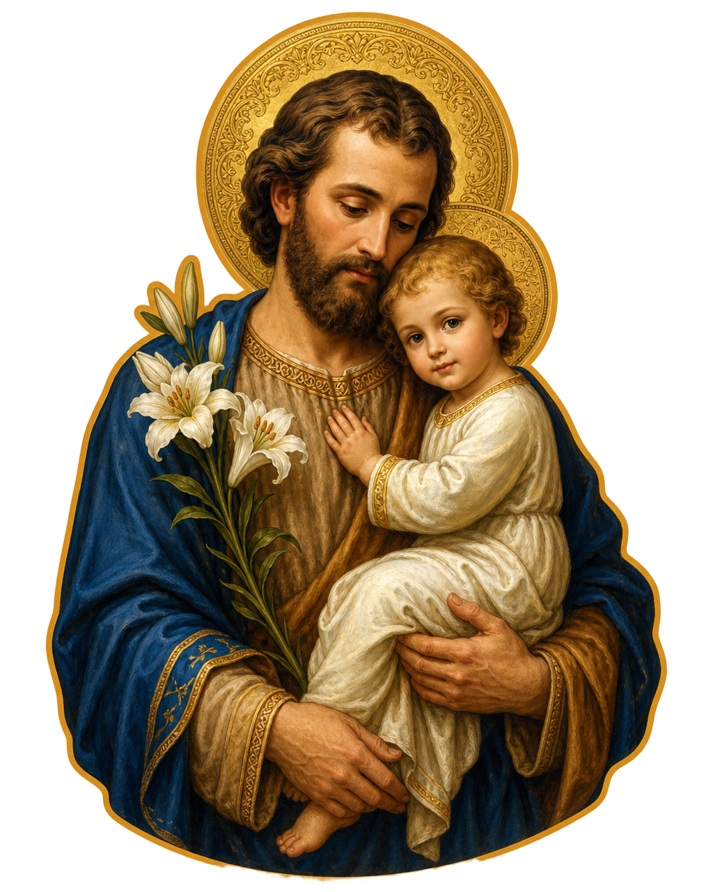 São José segurando o Menino Jesus, com auréola dourada